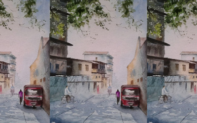 Estrada em aquarela na estrada rodoviária com bela ilustração desenhada à mão pela manhã de inverno
