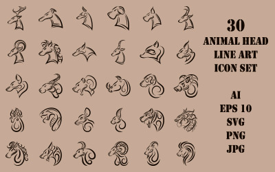 Hand Drawn Line Art Icon Set de têtes de vue latérale des animaux de la faune.