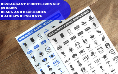 Modello di set di icone di gestione di ristoranti e hotel