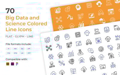 Modelo de conjunto de ícones de linha colorida 70 Big Data e Ciência