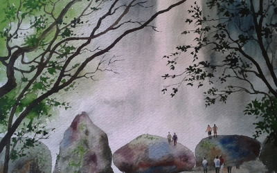 Watercolor Hill Play With Stone Beautiful Moment Hand Drawn Vector Illustration