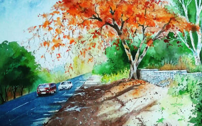 Watercolor Tree On The Road Side Hand Drawn Illustration