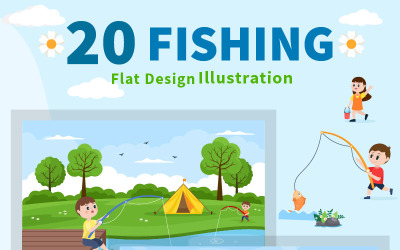 20 Çocuk Balık Tutma Balık Vektör Çizim