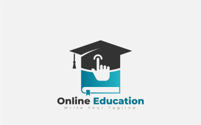 Diseño de logotipo de educación en línea con libro, gorra y cursor de mano