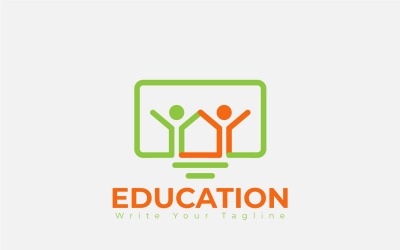 Online oktatás Logo Design koncepció otthon, gyerekek, boldog, számítógép