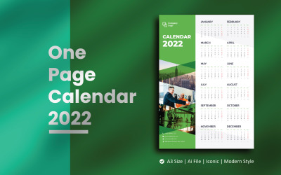 Groene één pagina wandkalender 2022 planner sjabloon