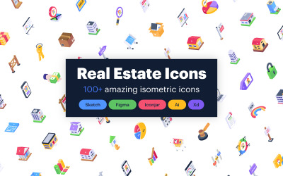 150 fastigheter isometrisk ikoner uppsättning mall