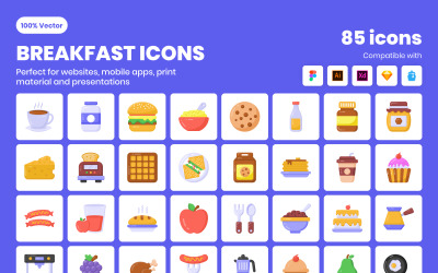 85 flache detaillierte Frühstücks-Iconset-Vorlage