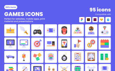 95 flache Spiele Icons Set Vorlage