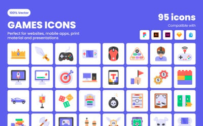 95 Flat Games Icons Set-sjabloon