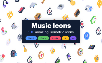 100 isometrische pictogrammen van Music Pack Iconset-sjabloon