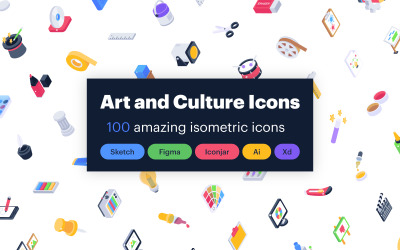 100 izometrikus művészet és kultúra ikonkészlet sablon