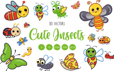 Modèle de jeu d&amp;#39;icônes de 110 vecteurs d&amp;#39;insectes mignons