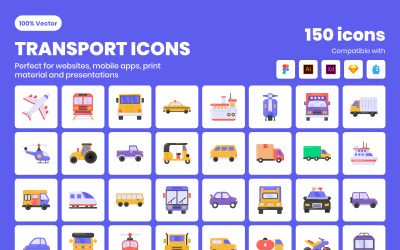 150 modèle de jeu d&amp;#39;icônes de transport plat