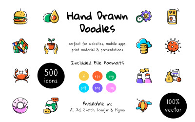 Modello di icone di oltre 500 vettori di doodle