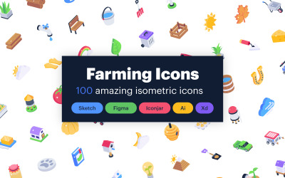Modelo de conjunto de ícones de 100 vetores agrícolas isométricos