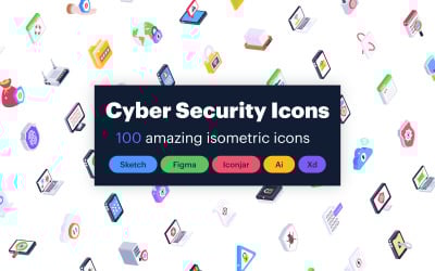 Plantilla de conjunto de iconos de ciberseguridad isométrica
