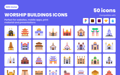 50 plantilla de conjunto de iconos de edificio de adoración