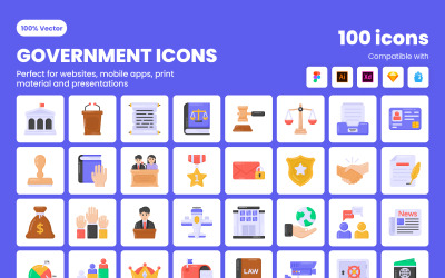 100 płaski szablon zestawu ikon rządowych