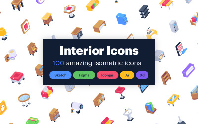 Šablona sady ikon 100 izometrických interiérů