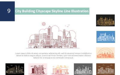 9 Miasto Budynek Cityscape Skyline Linia Ilustracja
