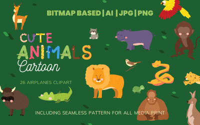 Ilustração de conjunto de clipart de 26 animais fofos e padrão uniforme