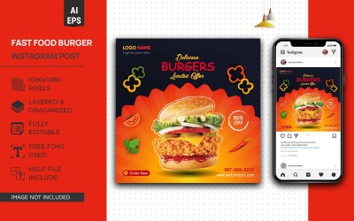 Modello di progettazione post social media fast food per hamburger pizza