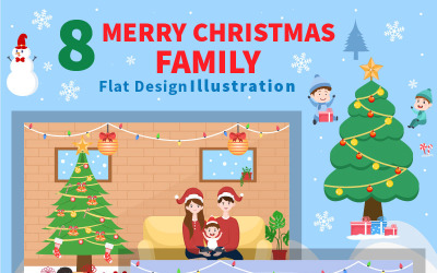 8 Wesołych Świąt z rodziną i Santa Vector Background