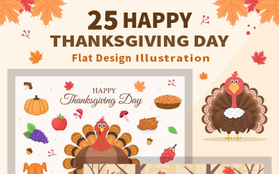 25 Feliz Dia de Ação de Graças com ilustração vetorial de desenho animado Turquia