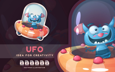 Monster in UFO - Cartoon Character, Cute Sticker, Graphics Illustration