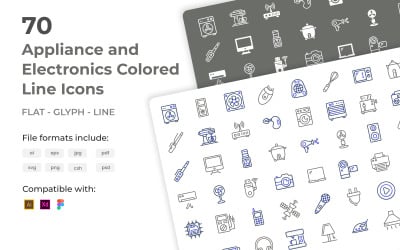 70 Ícones de linha colorida de eletrodomésticos e eletrônicos