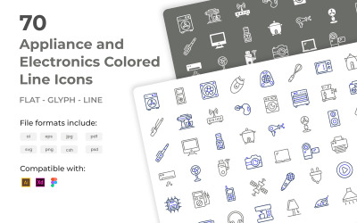 70 ikon kolorowych linii urządzeń i elektroniki