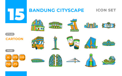 Bandung Cityscape Icon Set (tecknad stil)