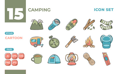 Camping Ikonuppsättning (tecknad stil)