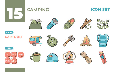 Conjunto de iconos de camping (estilo de dibujos animados)