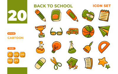 Conjunto de iconos de regreso a la escuela (estilo de dibujos animados)