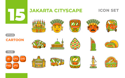 Набор иконок городского пейзажа Джакарты (мультяшном стиле)