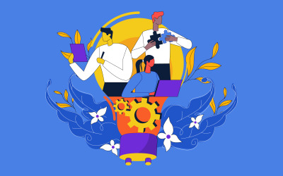 Týmová práce vektorové ilustrace, myšlenka společné práce. Obchodní zisk a koncept finančního růstu