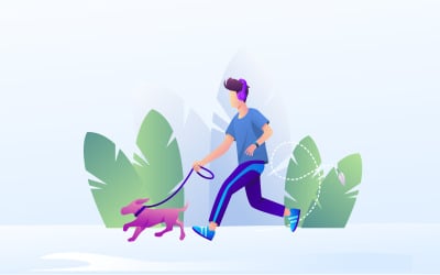 Chlapec, jogging se psem v konceptu ilustrace přírody