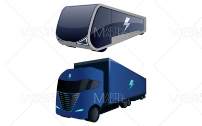 Elektrisk lastbil och buss på vit vektorillustration