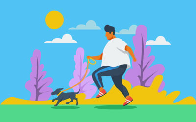 Homem gordo correndo com seu cachorro conceito de ilustração grátis