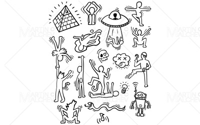 Set di personaggi dei cartoni animati pazzi Line Art Vector Illustration