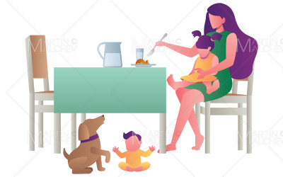 Одинока мати годує дітей Векторні ілюстрації