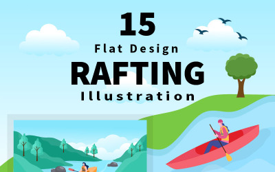 15 Rafting, Canoeing, Kayaking in the River Vector Illustration