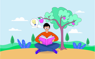 Niño leyendo libro bajo el vector de concepto de ilustración de árbol de manzana