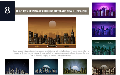 8 Night City Skyscraper Building Cityscape View Illustration