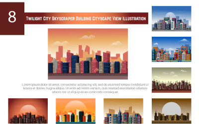 8 Twilight Şehir Gökdelen Bina Cityscape Görünümü Illüstrasyon