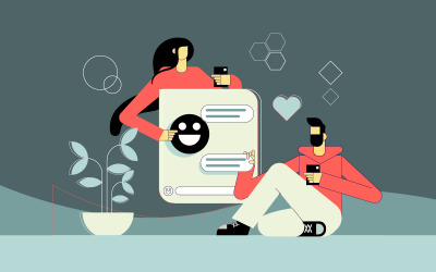 Junge und Mädchen, die Nachricht auf Social Media-Vektor-Illustration-Konzept senden