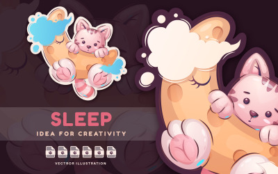 Gato noturno na lua - adesivo fofo, ilustração gráfica