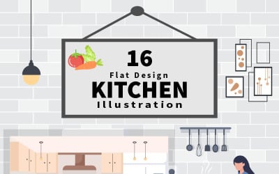 16 Kitchen Room with Furniture Background Vector Illustration